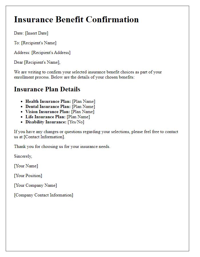 Letter template of Confirming Insurance Benefit Choices