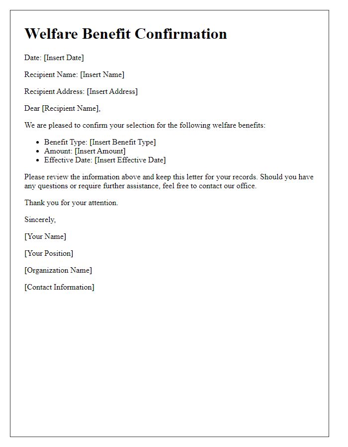 Letter template of Confirming Welfare Benefit Selection