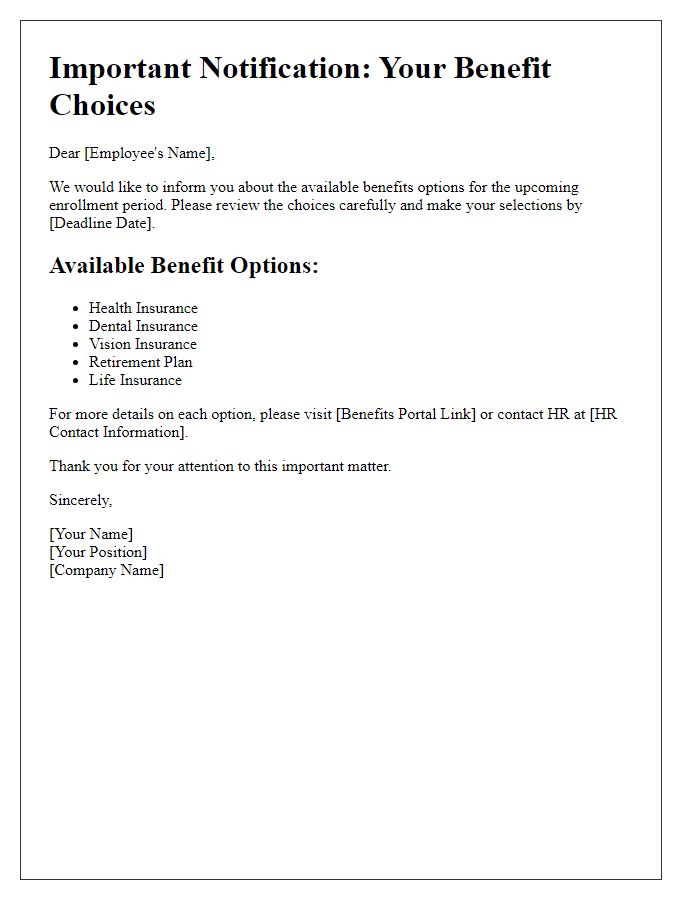 Letter template of Notifying Benefit Choices