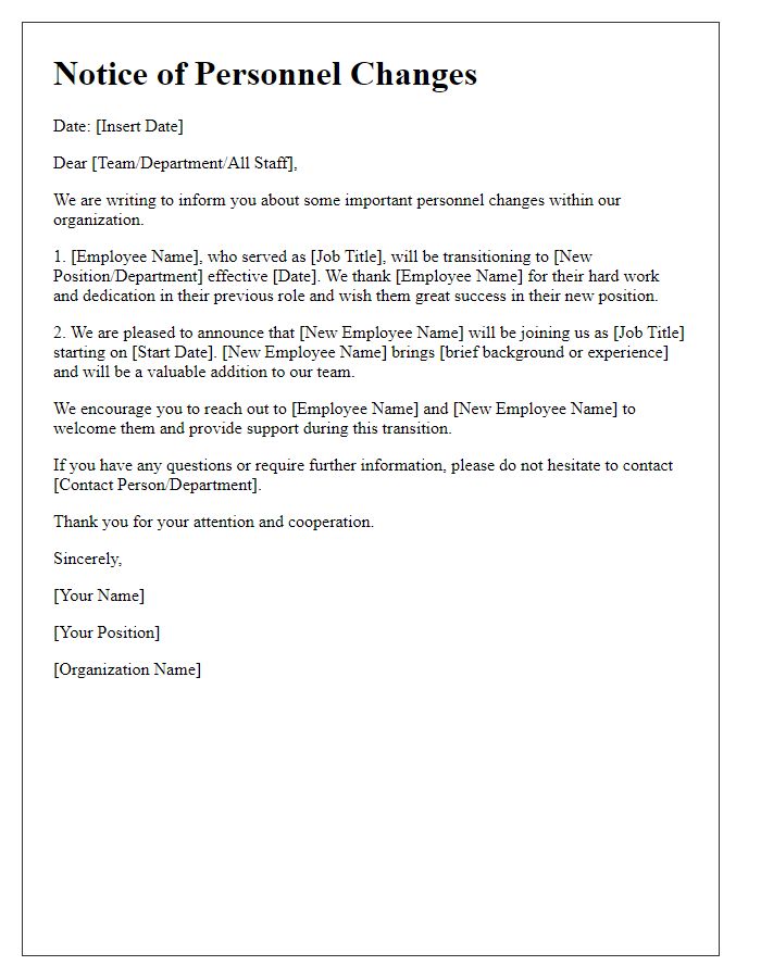 Letter template of notice about personnel changes within the organization