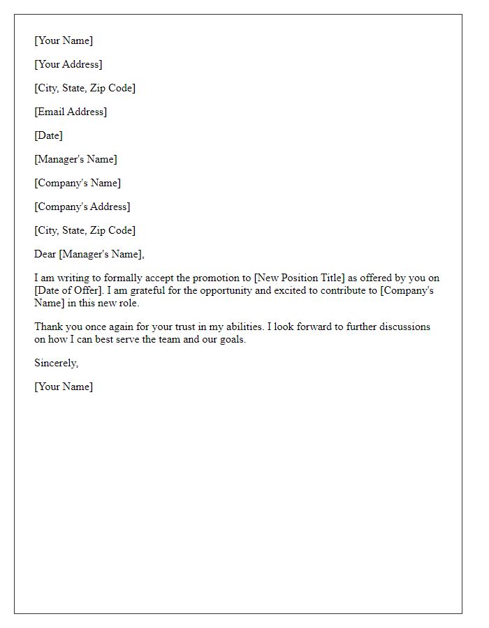 Letter template of acceptance for promotion acknowledgment.