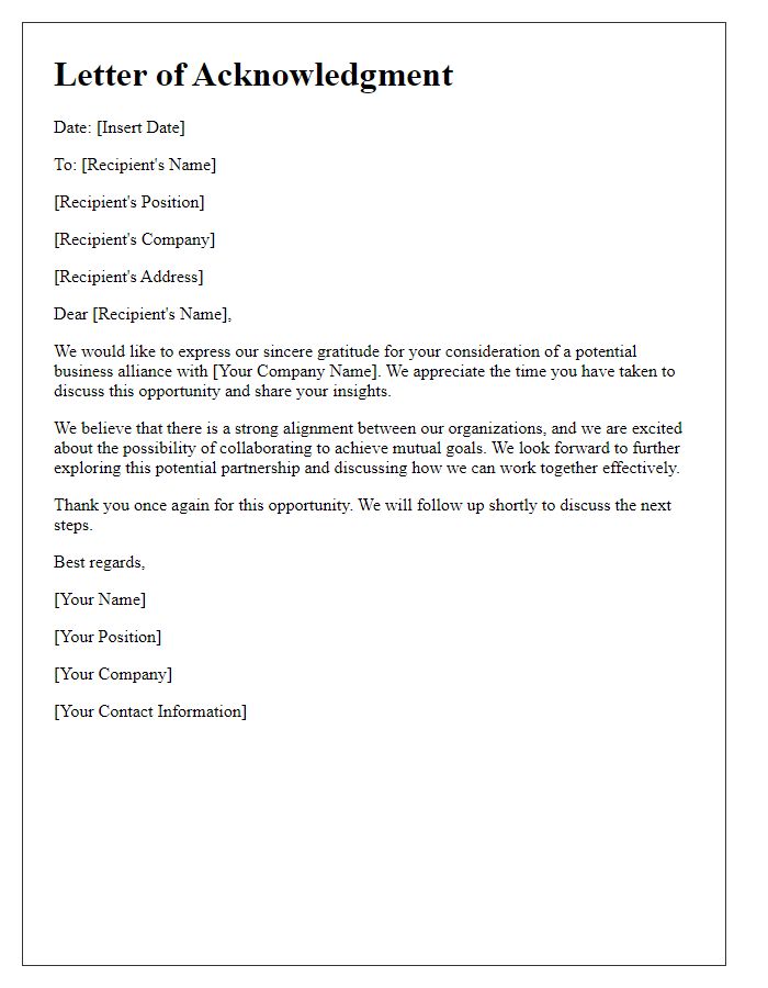 Letter template of acknowledgment for a potential business alliance