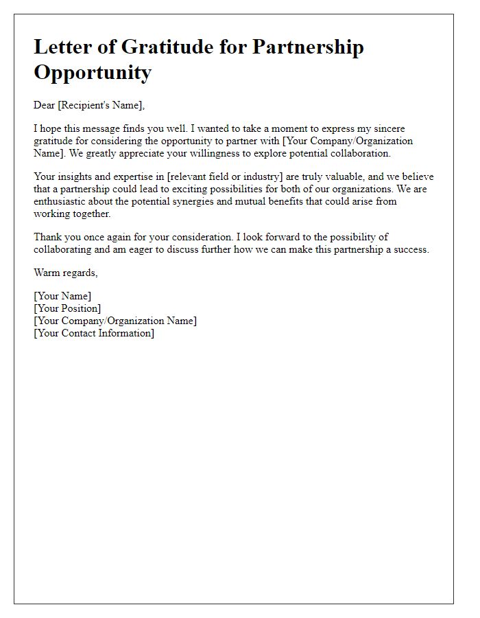 Letter template of gratitude for considering a partnership opportunity