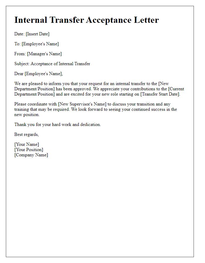 Letter template of acceptance for internal transfer acknowledgment