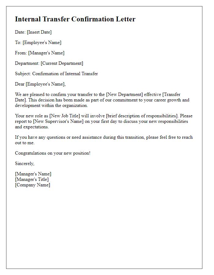 Letter template of confirmation for internal department transfer