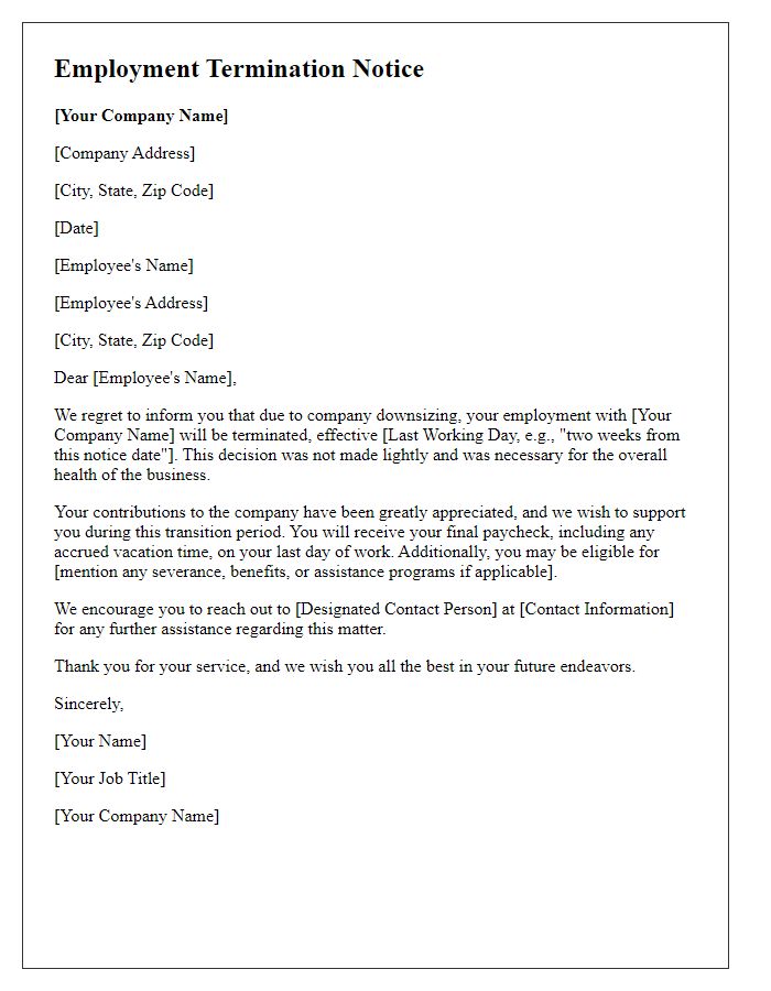 Letter template of employment termination notice - downsizing