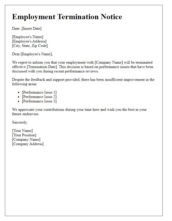 Letter template of employment termination notice - performance issues