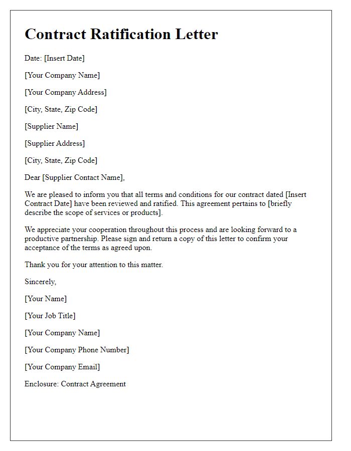 Letter template of Contract Ratification with Supplier