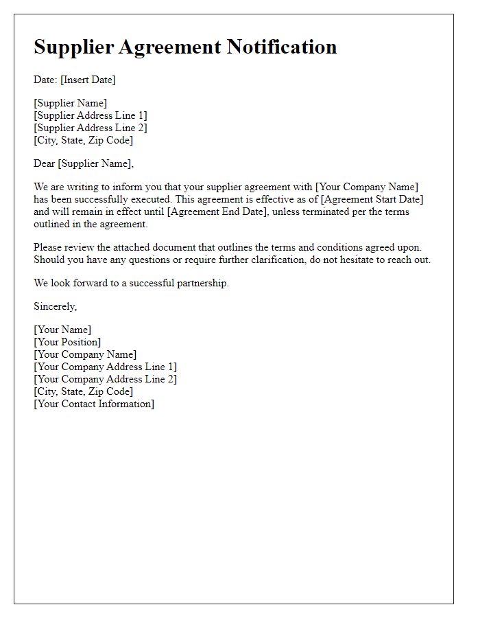 Letter template of Supplier Agreement Notification