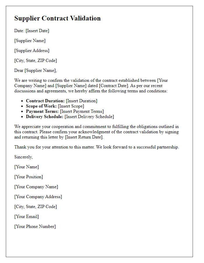 Letter template of Supplier Contract Validation