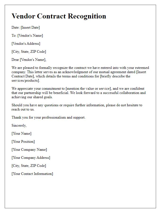 Letter template of Vendor Contract Recognition