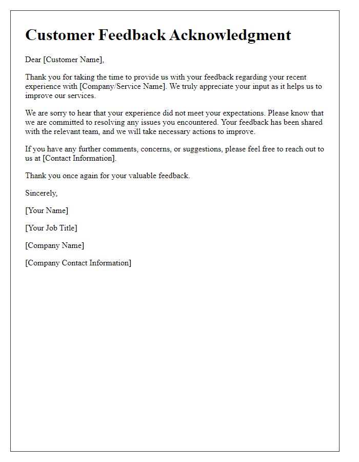 Letter template of Customer Feedback Acknowledgment