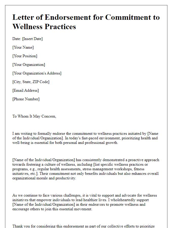 Letter template of endorsement for commitment to wellness practices