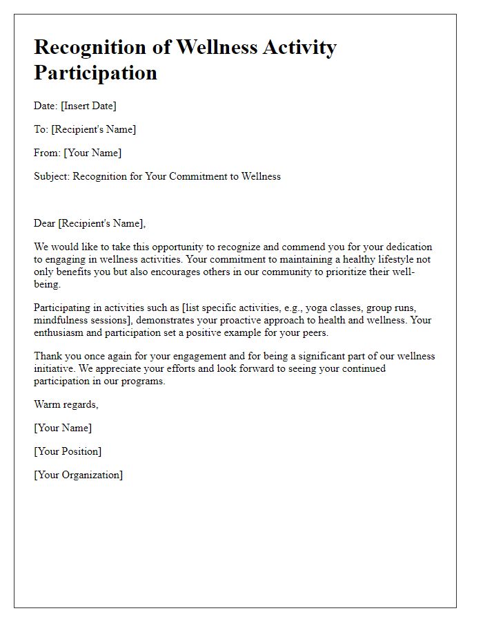 Letter template of recognition for engaging in wellness activities