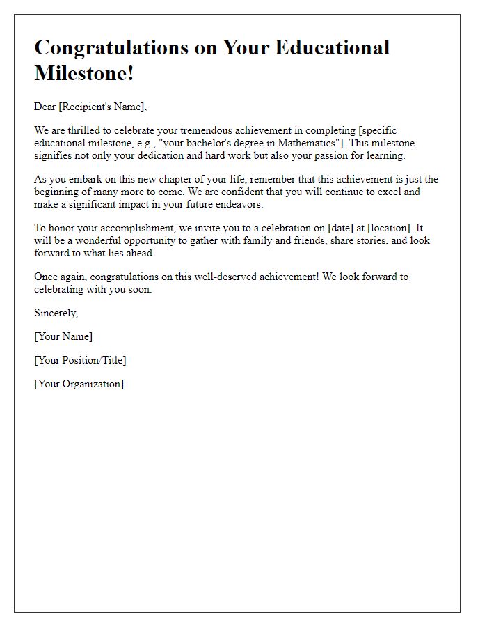 Letter template of celebration for educational milestones