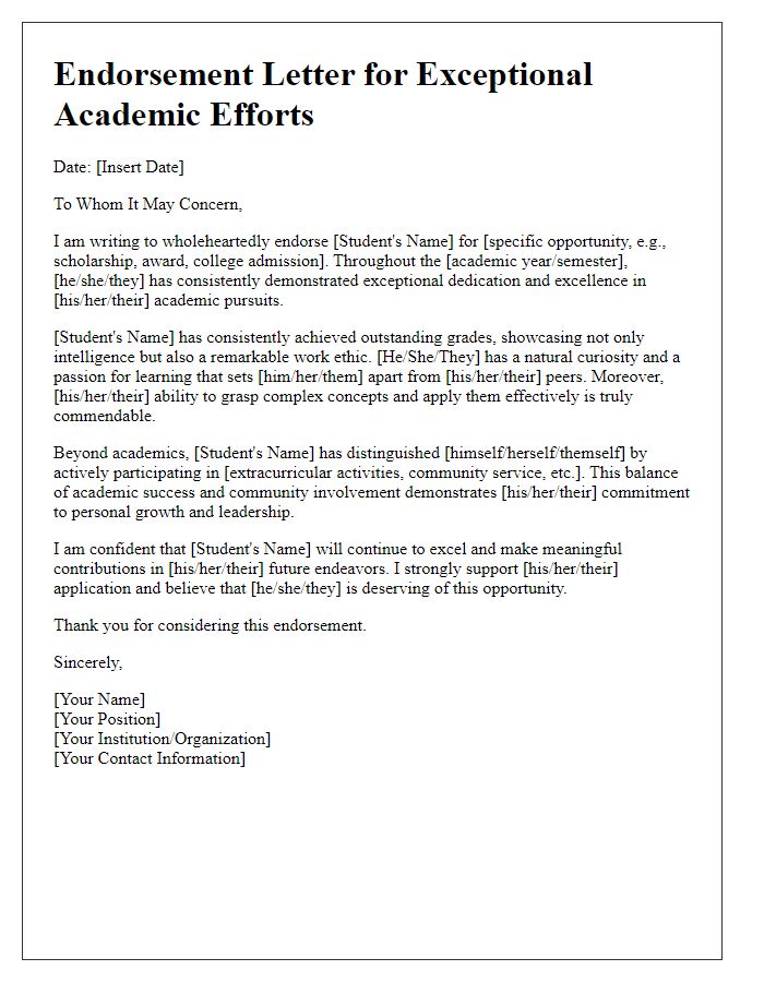 Letter template of endorsement for exceptional academic efforts