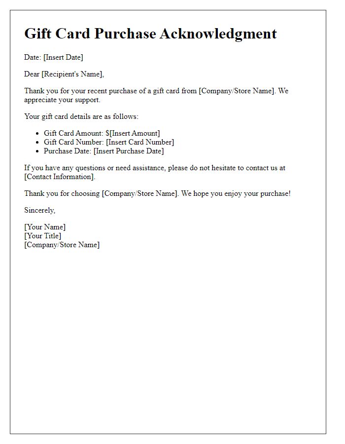 Letter template of acknowledgment for gift card purchases.