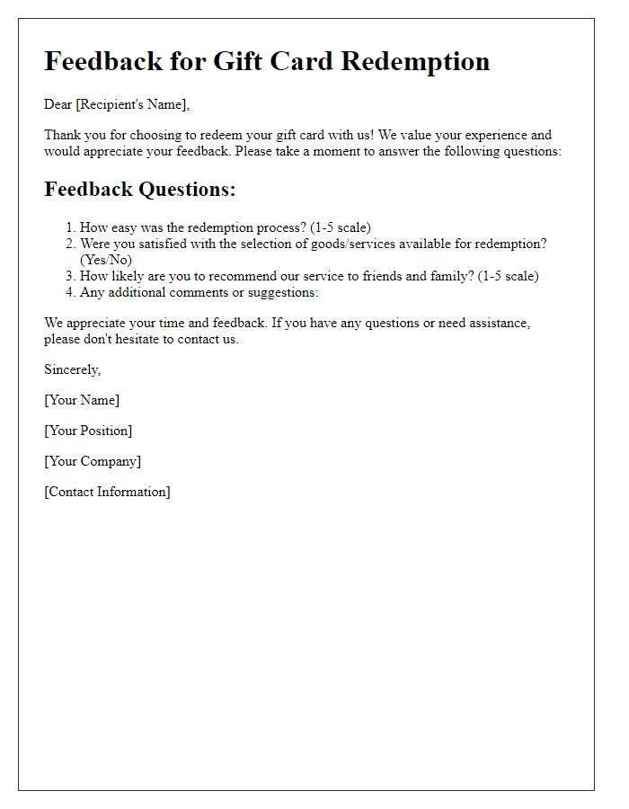 Letter template of feedback for redeeming a gift card.