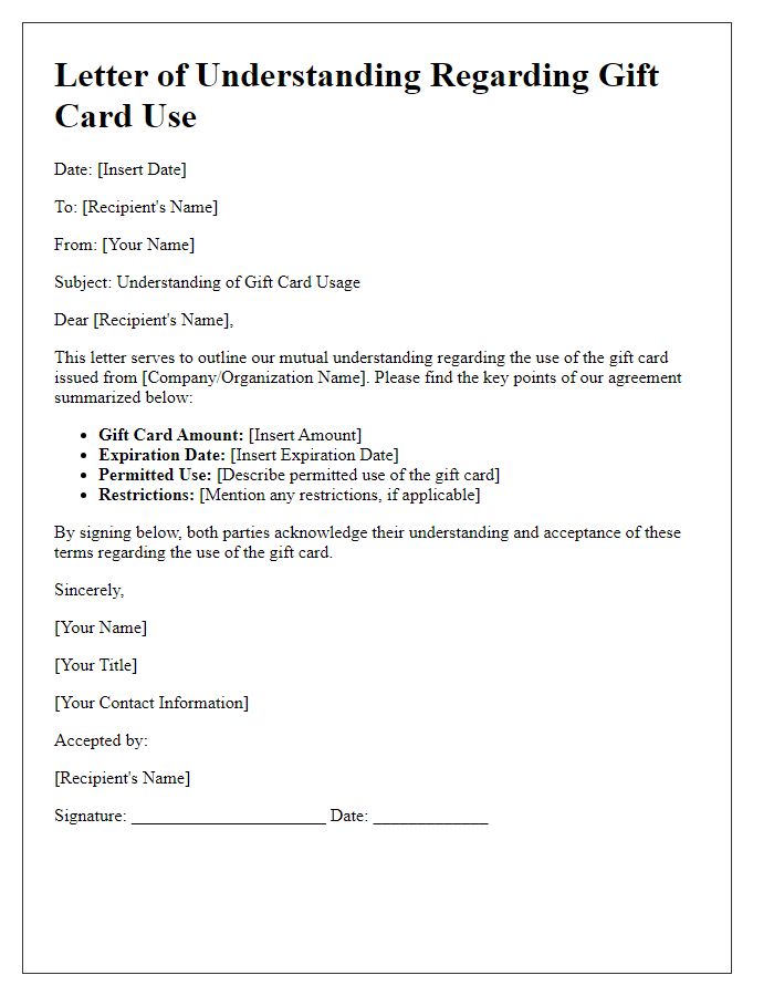 Letter template of understanding regarding gift card use.