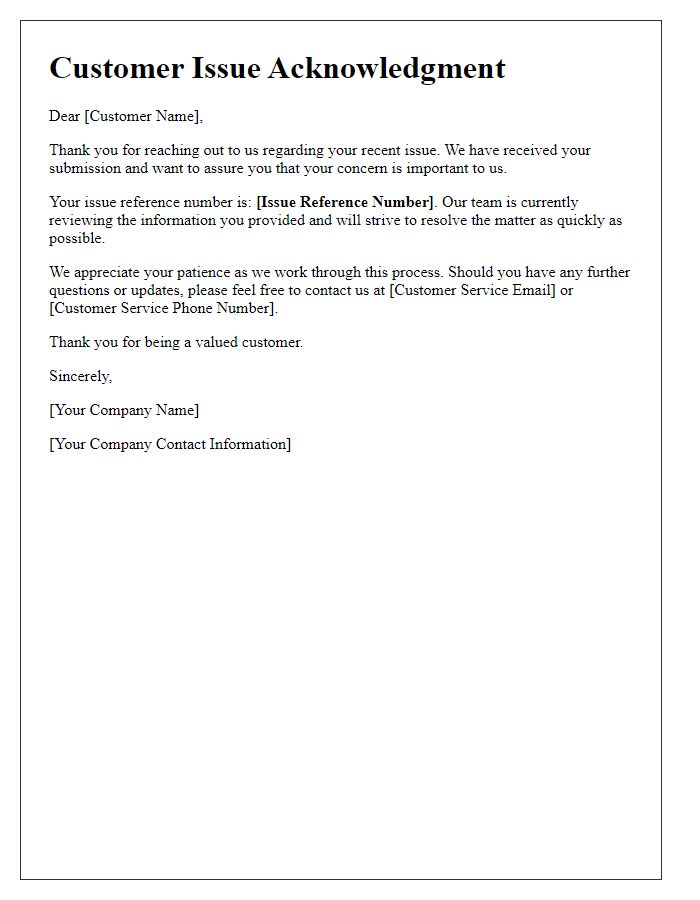 Letter template of acknowledgment for customer issue submission