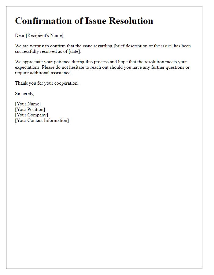 Letter template of confirmation for issue resolution follow-up