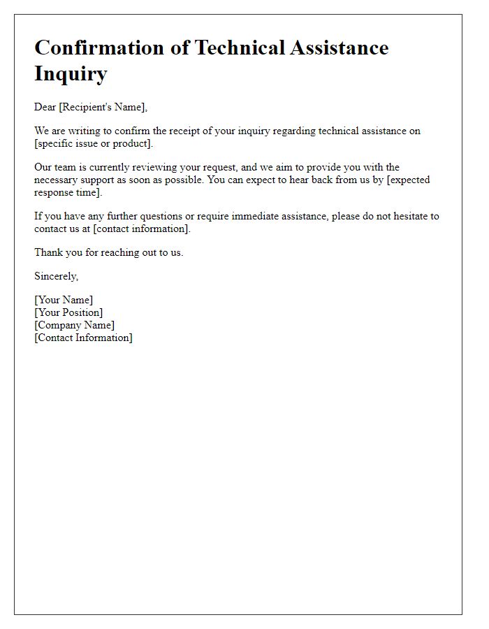 Letter template of confirmation for technical assistance inquiry