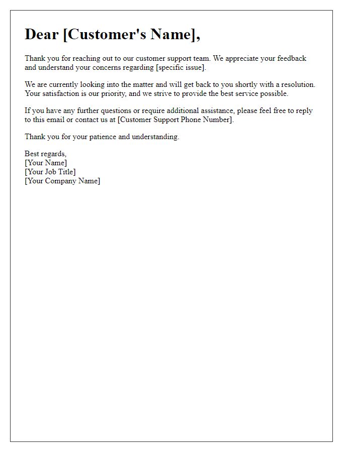 Letter template of reply to customer support query