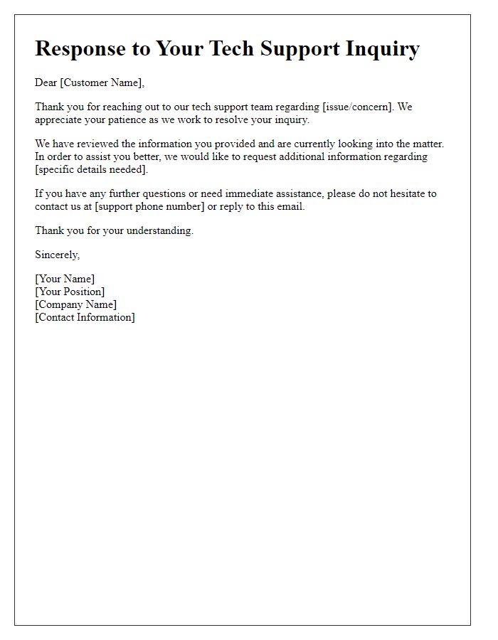 Letter template of response to tech support inquiry