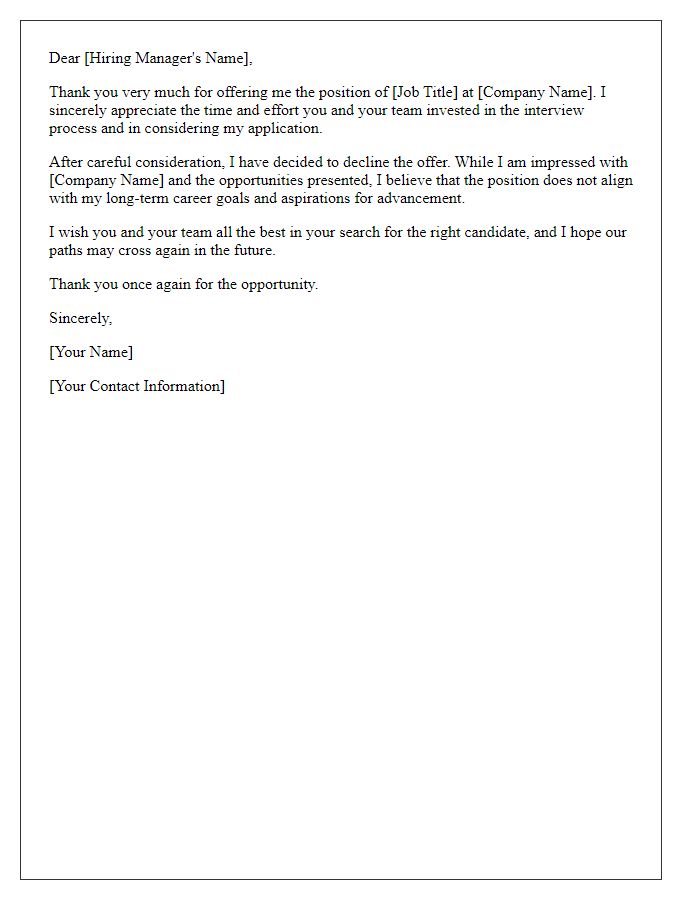 Letter template of job offer rejection due to lack of career advancement