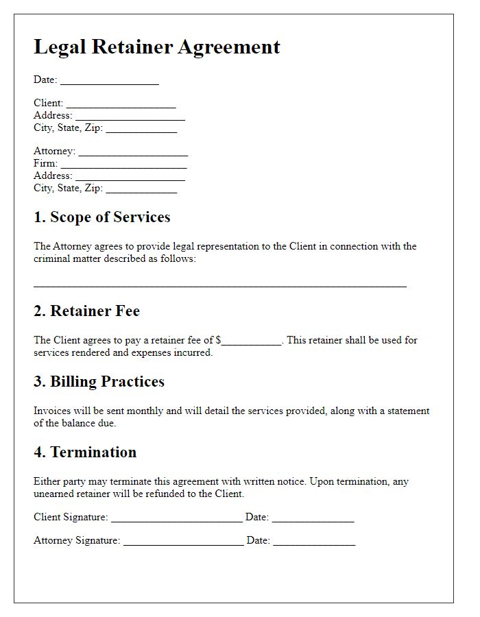 Letter template of Legal Retainer Agreement for Criminal Defense