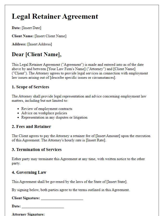 Letter template of Legal Retainer Agreement for Employment Law Issues