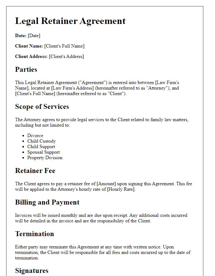 Letter template of Legal Retainer Agreement for Family Law Cases