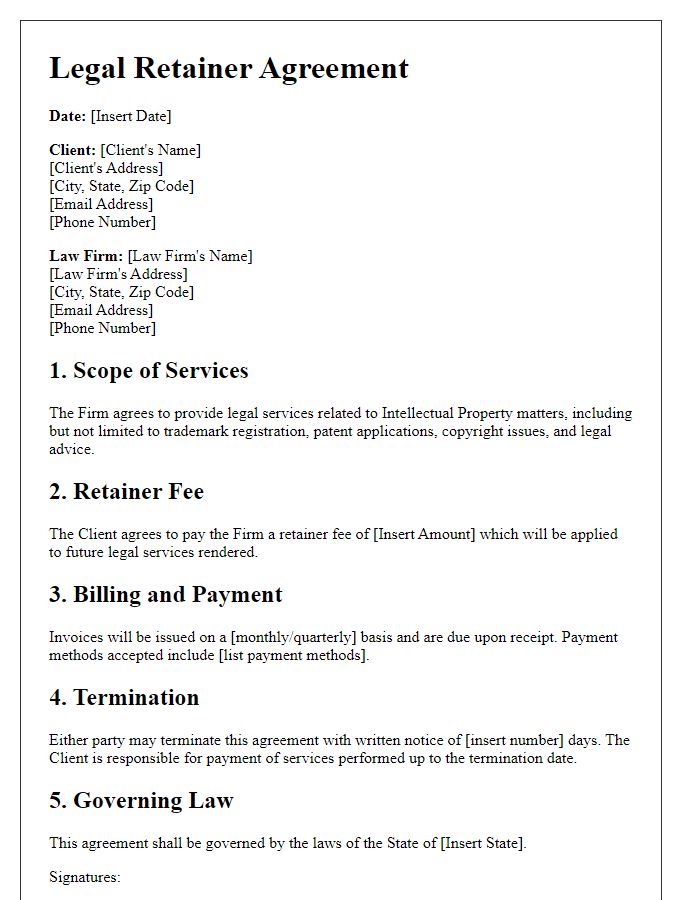 Letter template of Legal Retainer Agreement for Intellectual Property Matters