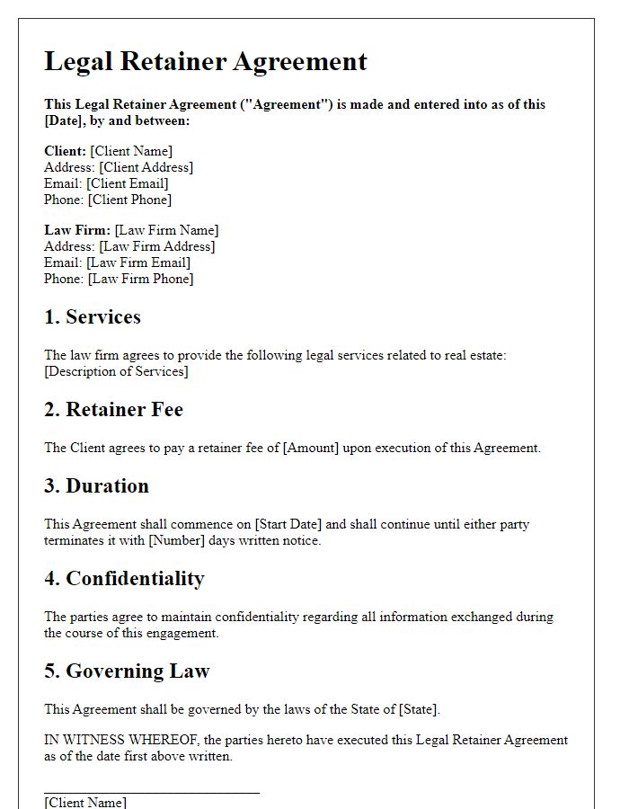 Letter template of Legal Retainer Agreement for Real Estate Services