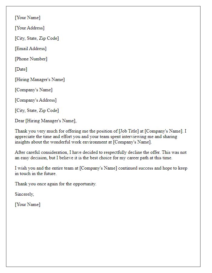 Letter template of formally rejecting a job role