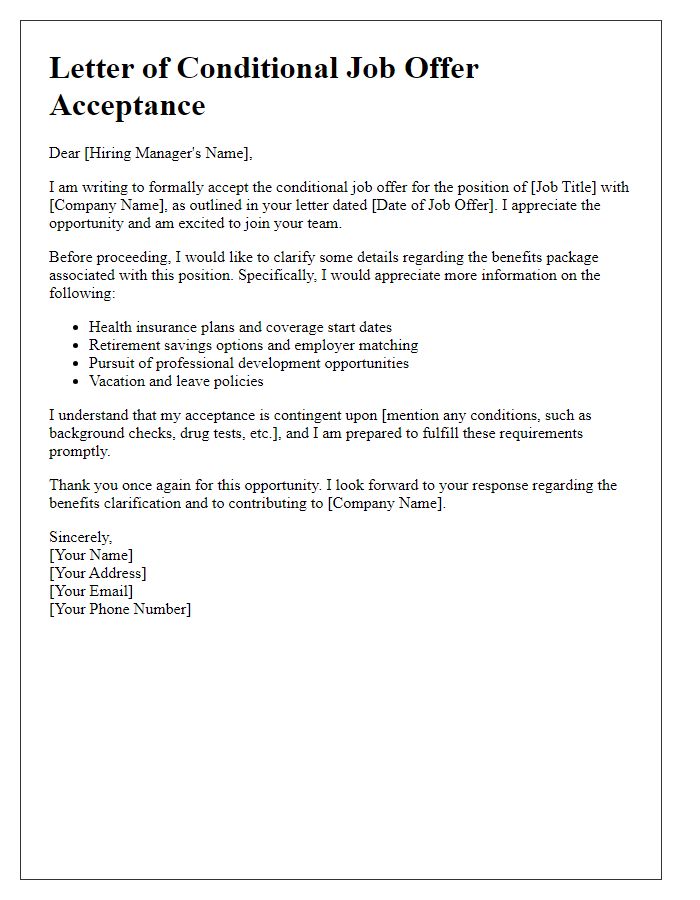 Letter template of conditional job offer acceptance with benefits clarification.