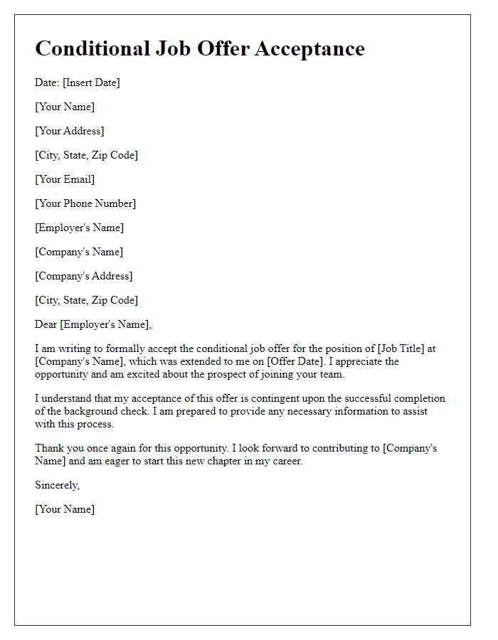 Letter template of conditional job offer acceptance pending background check.