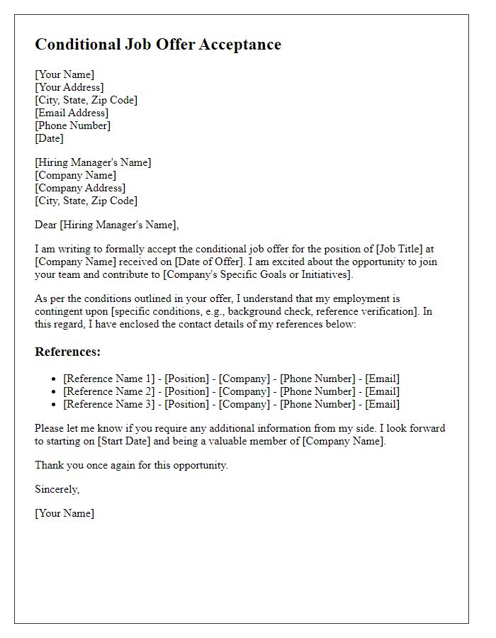 Letter template of conditional job offer acceptance with references submission.