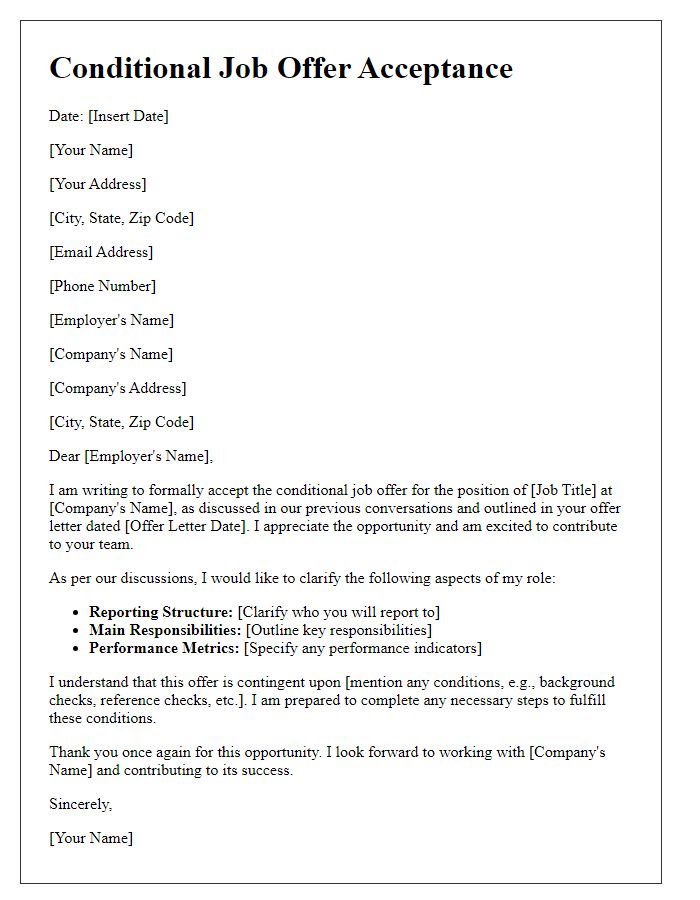 Letter template of conditional job offer acceptance with role clarification.