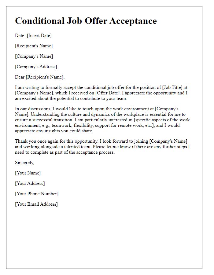 Letter template of conditional job offer acceptance with work environment discussion.