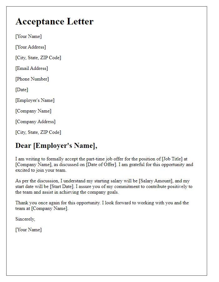 Letter template of acceptance notice for part-time job offer