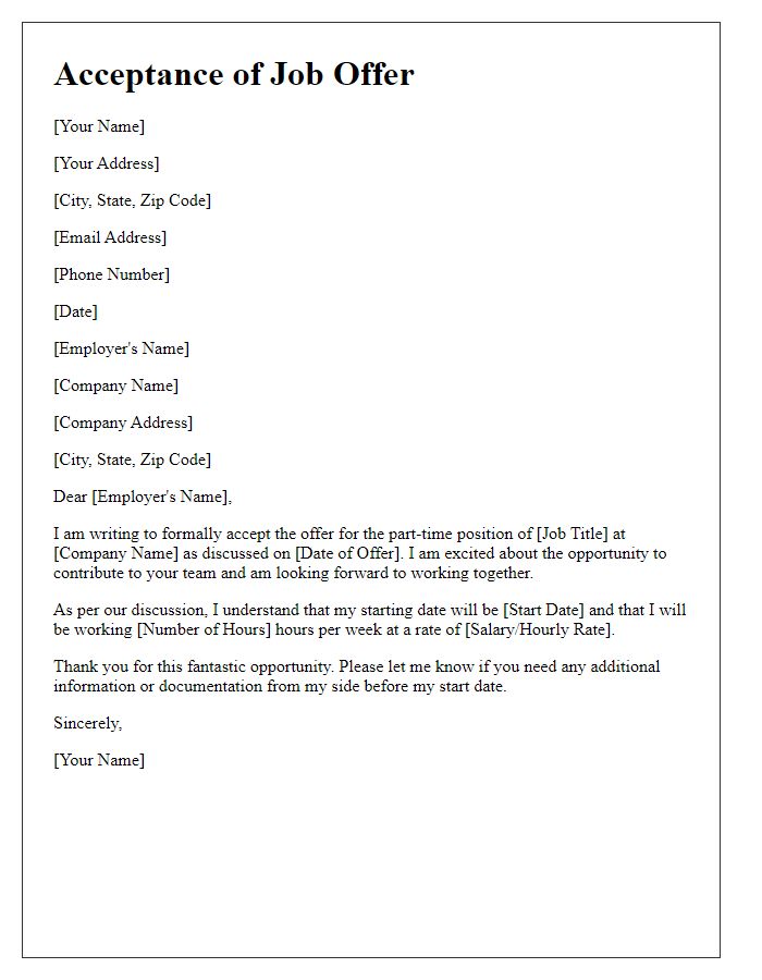 Letter template of acceptance for part-time job offer