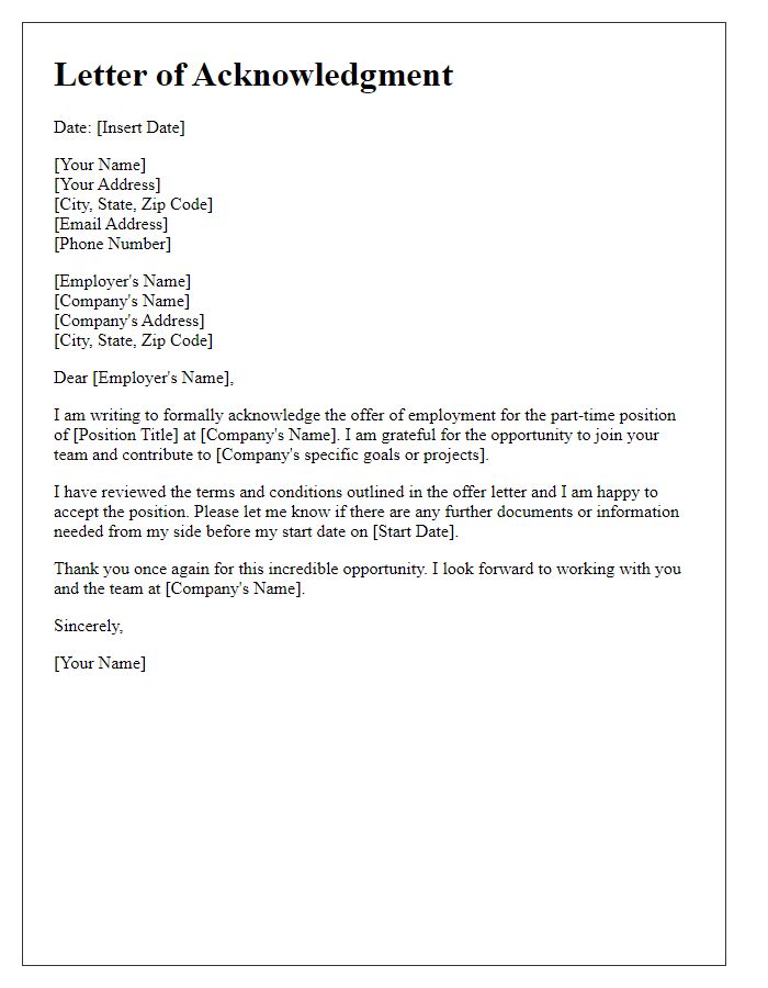 Letter template of acknowledgment for part-time position