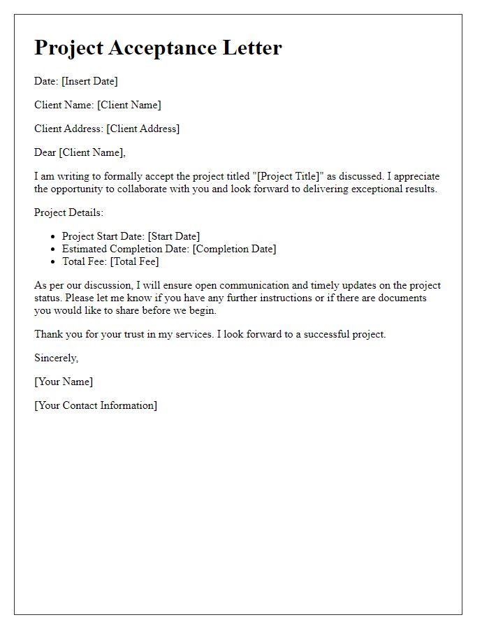 Letter template of freelance client project acceptance.
