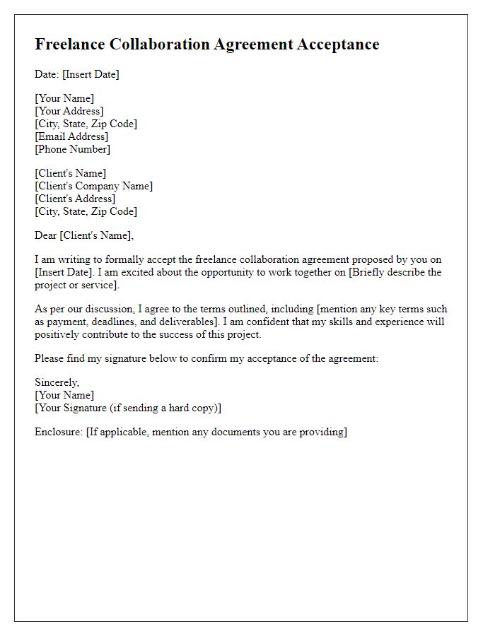 Letter template of freelance collaboration agreement acceptance.