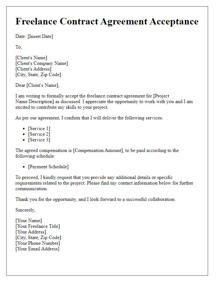 Letter template of freelance contract agreement acceptance.