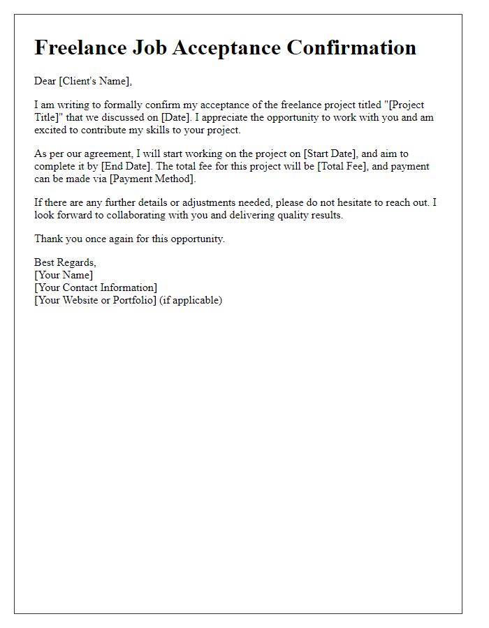 Letter template of freelance job acceptance confirmation.