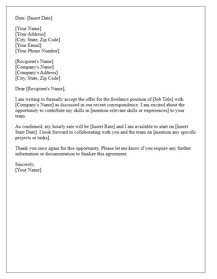 Letter template of freelance position offer acceptance.