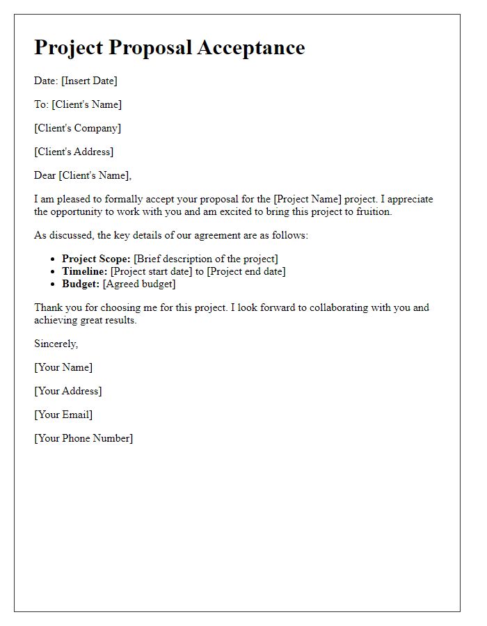 Letter template of freelance project proposal acceptance.