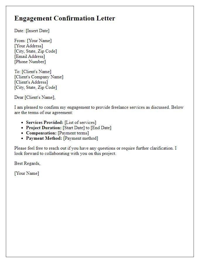 Letter template of freelance services engagement confirmation.